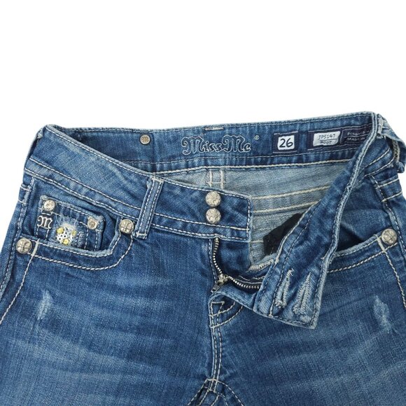 Miss Me Boot Cut Jeans READ Womens 26 Flap Pockets Low Rise Distressed Denim - Picture 11 of 16